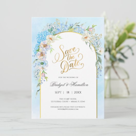 Elegante Blauwe Hortensia Save The Date (Staand voorkant)