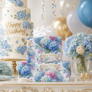 Elegante Blauwe Hortensia Verjaardagsviering Cadeaupapier