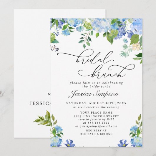 Elegante Blauwe Hortensia Watercolor Bruidsbrunch Kaart (Voorkant / Achterkant)