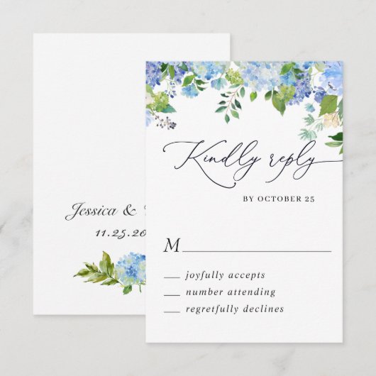 Elegante Blauwe Hortensia Waterverf Bruiloft RSVP Kaartje (Voorkant / Achterkant)
