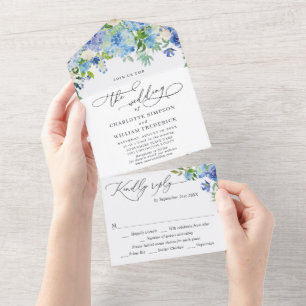 Elegante Blauwe Hortensia Waterverf Groene Huwelij All In One Uitnodiging