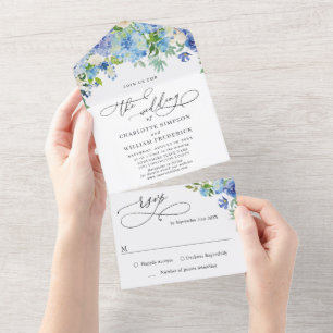 Elegante Blauwe Hortensia Waterverf Groene Huwelij All In One Uitnodiging