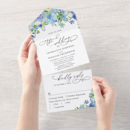 Elegante Blauwe Hortensia Waterverf Groene Huwelij All In One Uitnodiging