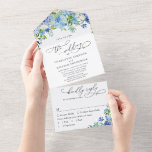 Elegante Blauwe Hortensia Waterverf Groene Huwelij All In One Uitnodiging