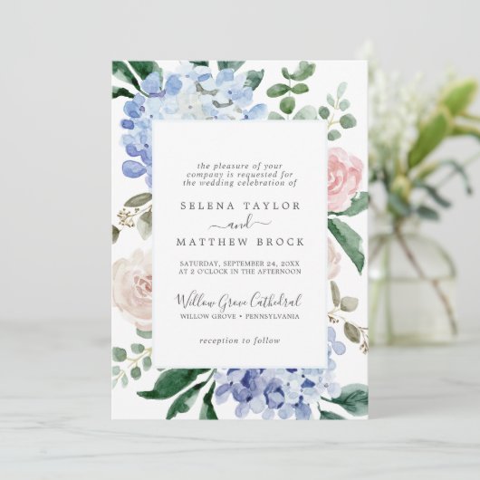 Elegante Blauwe Hortensia | Witte Formele Trouwdag Kaart (Staand voorkant)