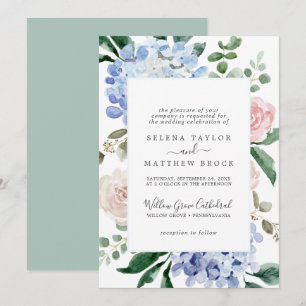Elegante Blauwe Hortensia   Witte Formele Trouwdag Kaart