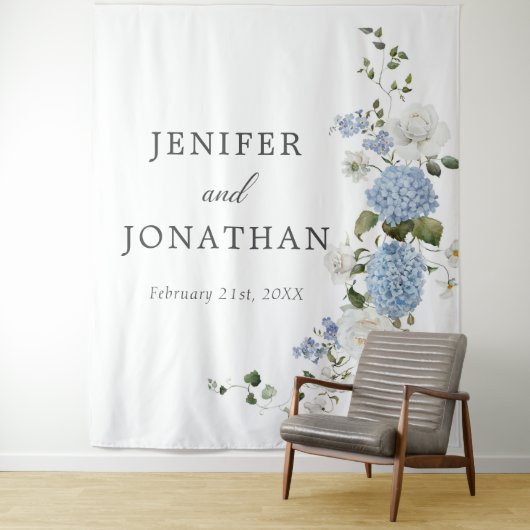 Elegante Blauwe Hortensia Witte Rozen Bloem Bruilo Wandkleed (In situ)