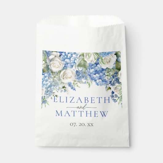 Elegante Blauwe Hortensia Witte Rozen Bloemige Bru Bedankzakje (Voorkant)