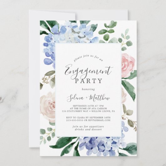 Elegante Blauwe Hortensia | Witte Verloving Feest Kaart (Voorkant)