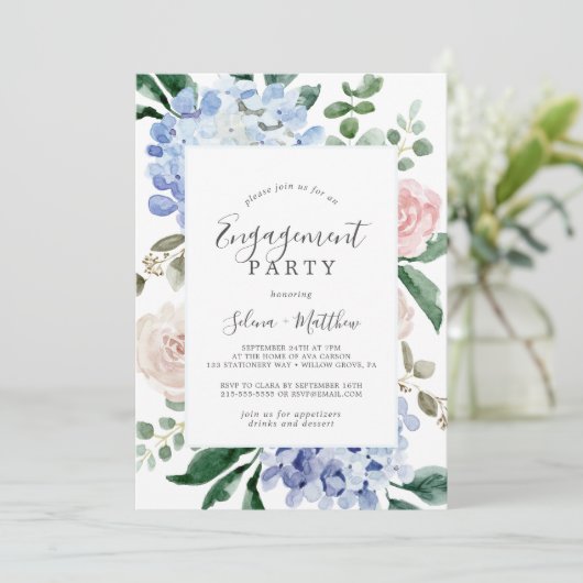 Elegante Blauwe Hortensia | Witte Verloving Feest Kaart (Staand voorkant)