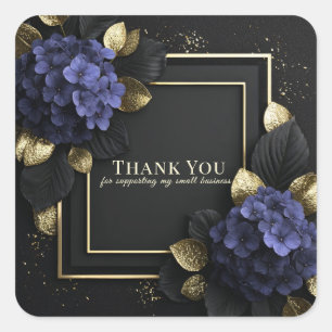 Elegante Blauwe Hortensia Zwart en Gouden Blad Blo Vierkante Sticker