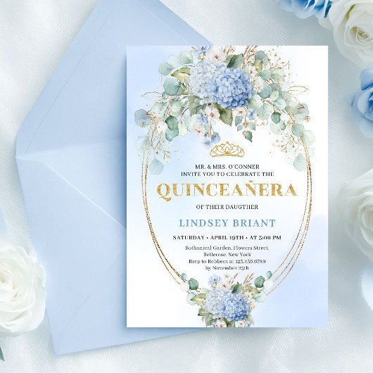 Elegante Blauwe Hortensia's Gouden 15e Verjaardags Kaart