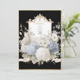 Elegante Blauwe Hortensia's Zwarte Vintage Trouw Kaart