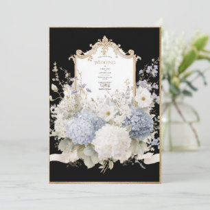Elegante Blauwe Hortensia's Zwarte Vintage Trouw Kaart