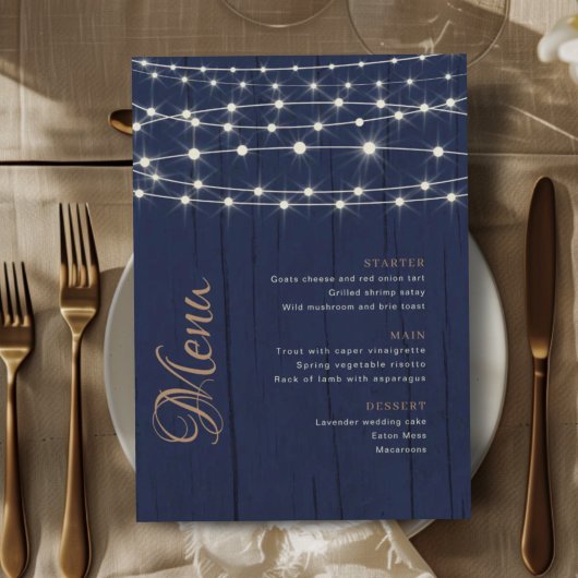 Elegante Blauwe Houten Slingerlichten Bruiloft Menu