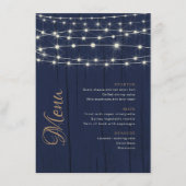 Elegante Blauwe Houten Slingerlichten Bruiloft Menu (Voorkant)