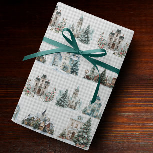 Elegante blauwe huizen kerst winter patroon cadeaupapier