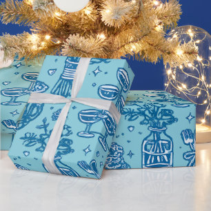 Elegante Blauwe Huwelijksviering Iconen Collage Cadeaupapier