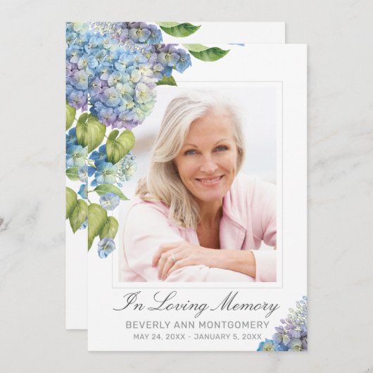 Elegante Blauwe Hydrangea Bloemen Foto Begrafenis  Kaart (Voorkant / Achterkant)