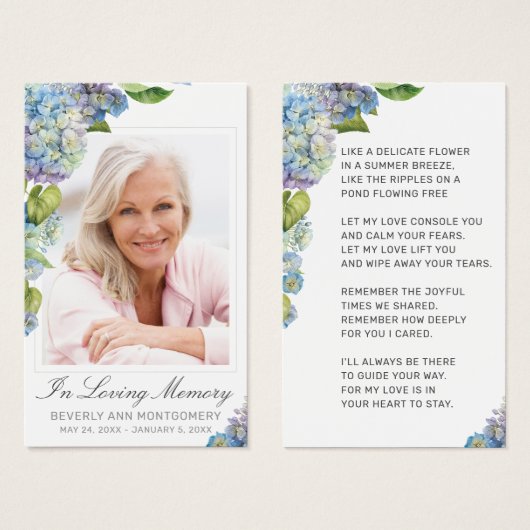 Elegante Blauwe Hydrangea Bloemen Foto Begrafenis  Visitekaartje (Voorkant /achterkant)