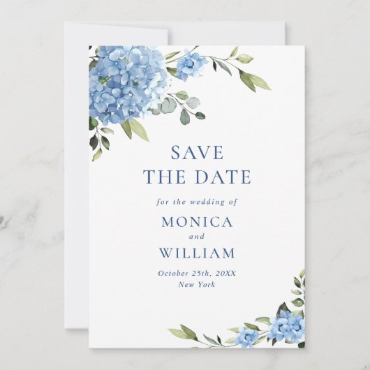 Elegante Blauwe Hydrangea Bloemen Lente Bruiloft Save The Date (Voorkant)