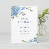 Elegante Blauwe Hydrangea Bloemen Lente Bruiloft Save The Date (Staand voorkant)