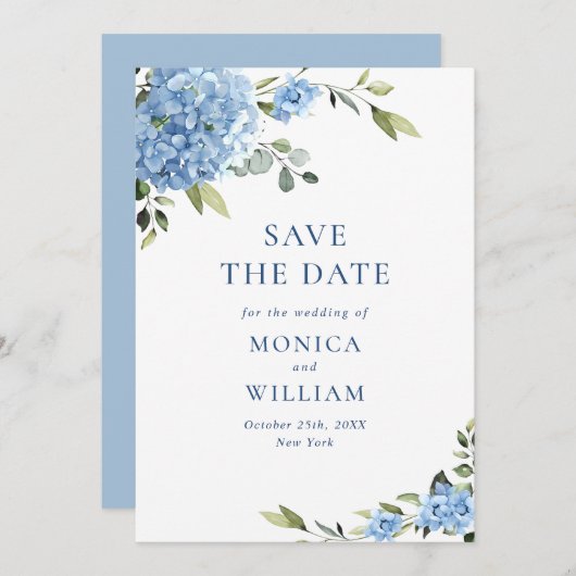 Elegante Blauwe Hydrangea Bloemen Lente Bruiloft Save The Date (Voorkant / Achterkant)
