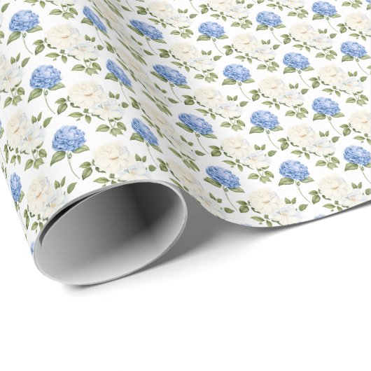 Elegante Blauwe Hydrangea Bloemenpatroon Cadeaupapier (Rol Hoek)