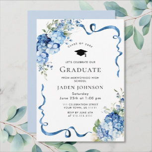 Elegante Blauwe Hydrangea Bow Ribbon Graduation Pa Kaart