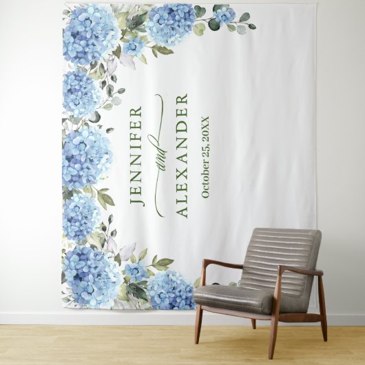 Elegante Blauwe Hydrangea Bruiloft Foto Achtergron Wandkleed (In situ)