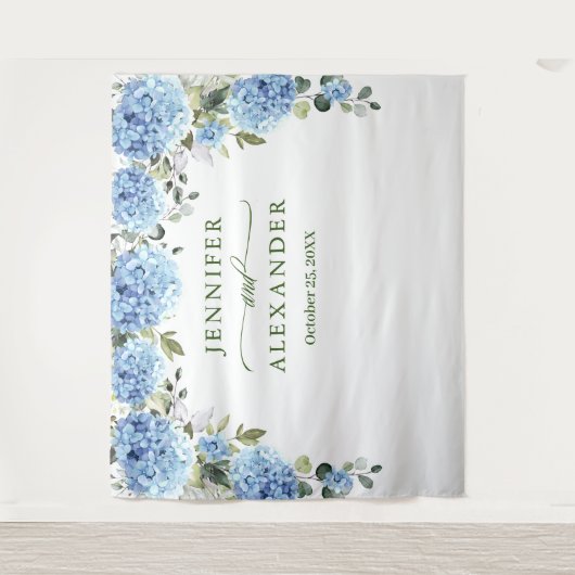 Elegante Blauwe Hydrangea Bruiloft Foto Achtergron Wandkleed (Voorkant)