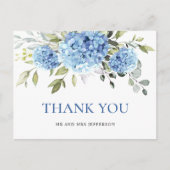 Elegante Blauwe Hydrangea Eucalyptus Bloem Dank u Briefkaart (Voorkant)