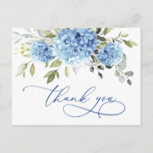 Elegante Blauwe Hydrangea Eucalyptus Bloem Dank u Briefkaart (Voorkant)