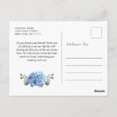Elegante Blauwe Hydrangea Eucalyptus Bloem Dank u Briefkaart (Achterkant)