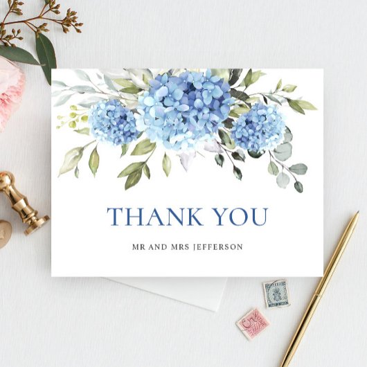 Elegante Blauwe Hydrangea Eucalyptus Bloem Dank u Briefkaart
