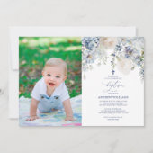 Elegante Blauwe Hydrangea Foto Baptisme Uitnodigin Kaart (Voorkant)