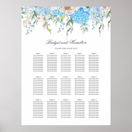 Elegante Blauwe Hydrangea Wedding Zitting Grafiek Poster (Voorkant)