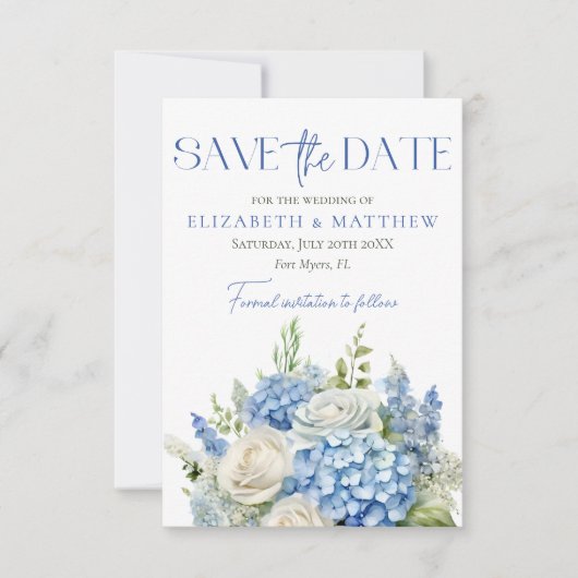 Elegante Blauwe Hydrangea Witte Bloemen Foto Bruil Save The Date (Voorkant)