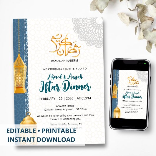 Elegante blauwe islamitische Ramadan Iftar-uitnodi Kaart
