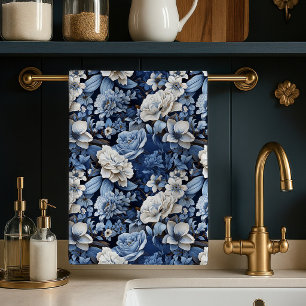 Elegante Blauwe Ivoren Bloem Luxe Keukenhanddoek