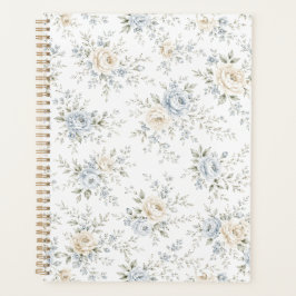Elegante Blauwe & Ivoren Bloemen Planner