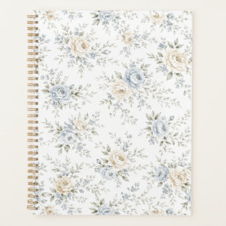 Elegante Blauwe & Ivoren Bloemen Planner