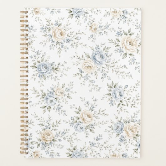 Elegante Blauwe & Ivoren Bloemen Planner (Voorkant)
