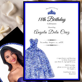 Elegante blauwe jurk 18e verjaardag debuut kaart
