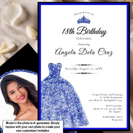 Elegante blauwe jurk 18e verjaardag debuut kaart