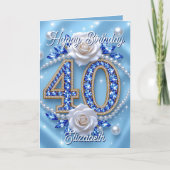 Elegante blauwe juwelen en parels 40e verjaardag kaart (Voorkant)
