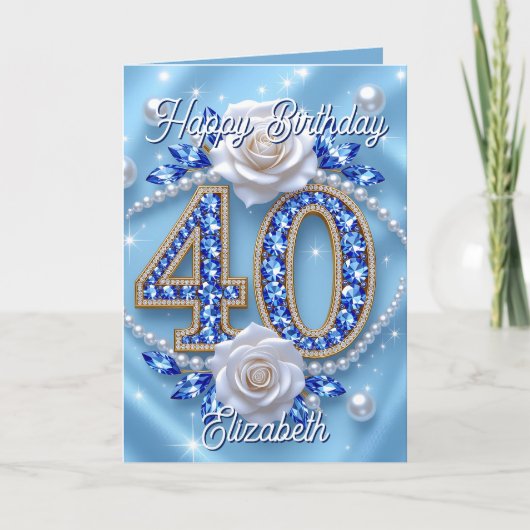 Elegante blauwe juwelen en parels 40e verjaardag kaart (Voorkant)
