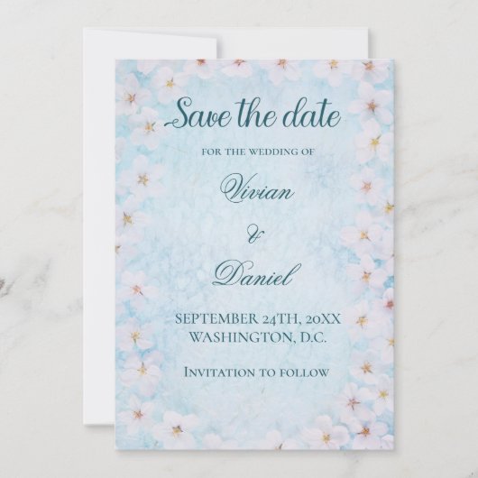 Elegante blauwe kersenbloesem Save the Date Weddin (Voorkant)