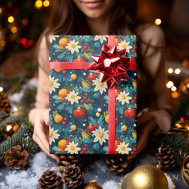 Elegante Blauwe Kerst Florals & Ornamenten Patroon Cadeaupapier