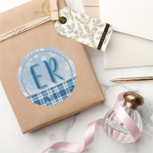 Elegante Blauwe Kerst Monogram Label